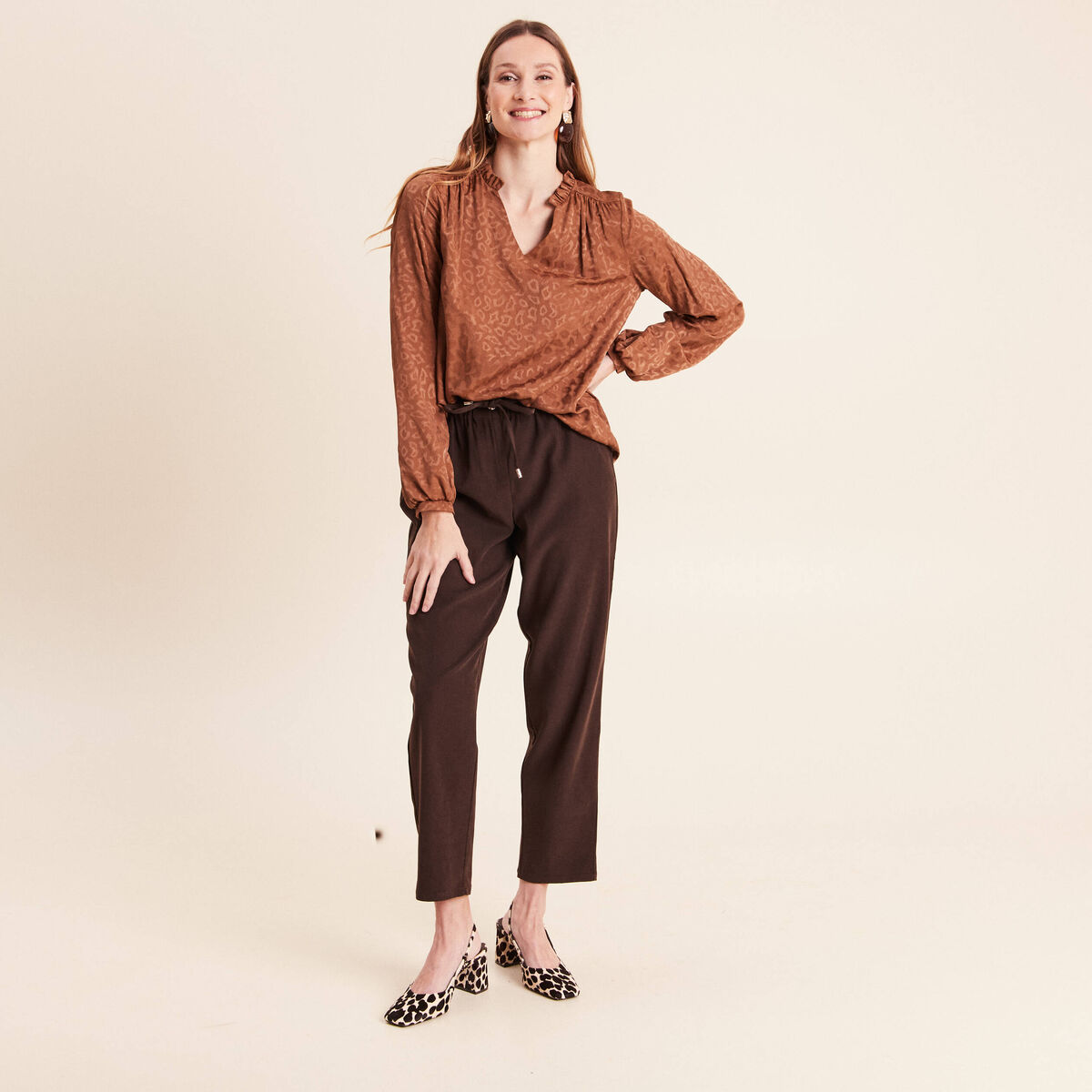 Blouse jacquard col v manches longues noir femme