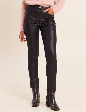 Pantalon iris&eacute; en similicuir noir femme