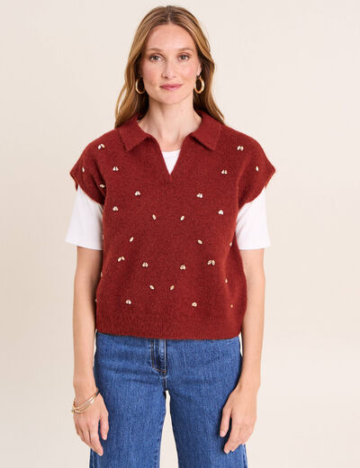 Pull sans manches col chemise orange fonc&eacute; femme