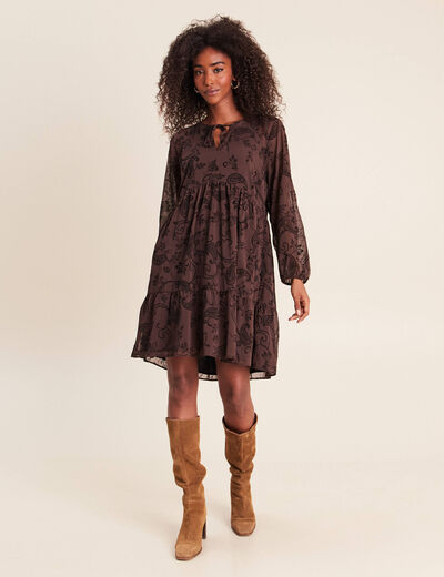 Robe courte &eacute;vas&eacute;e col v manches longues noir femme
