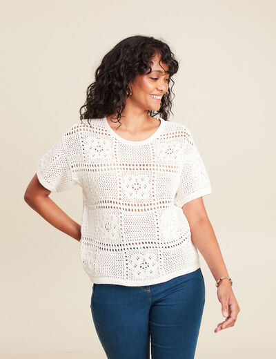 Pull court col rond manches courtes ecru femme