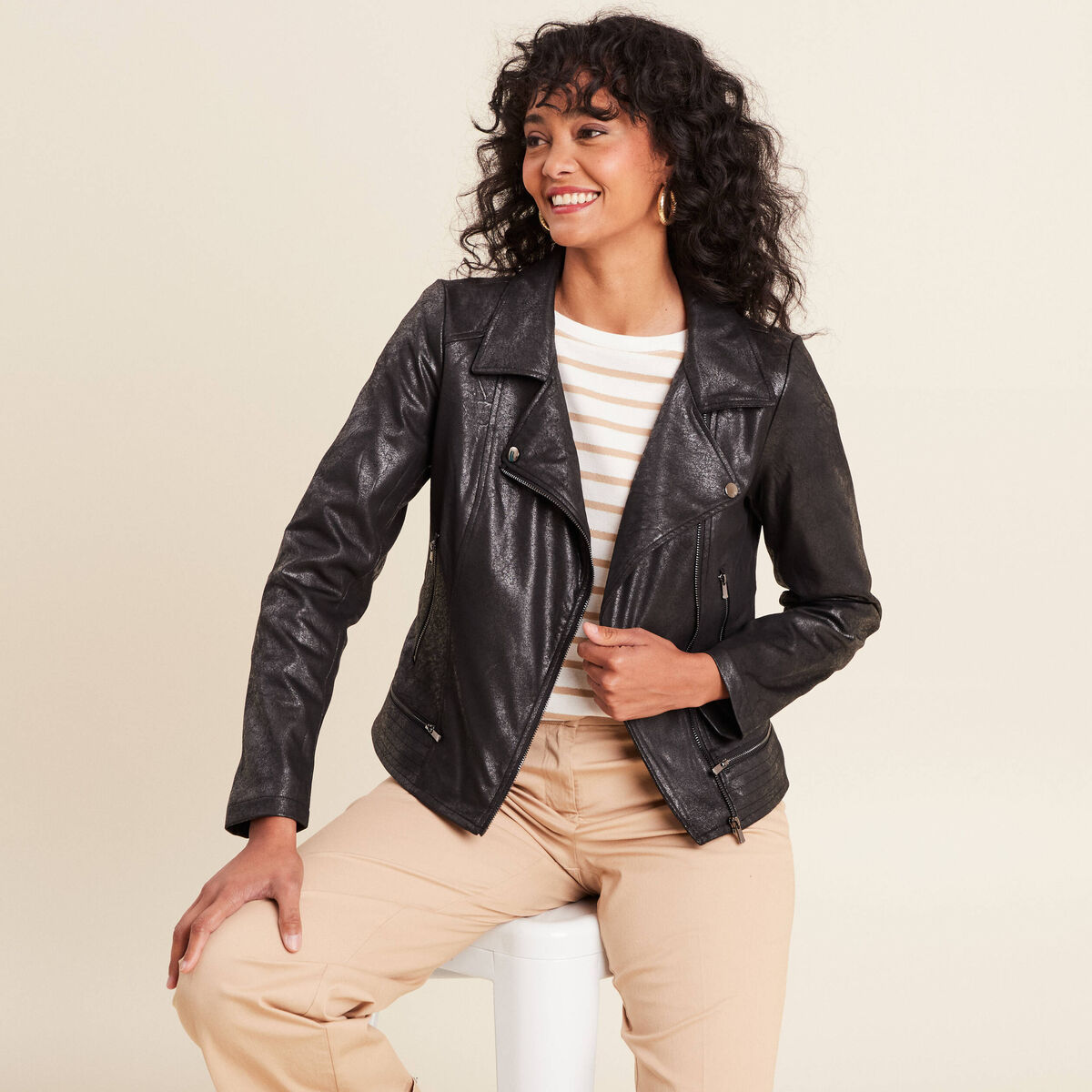 Veste esprit motard zipp&eacute;e noir femme