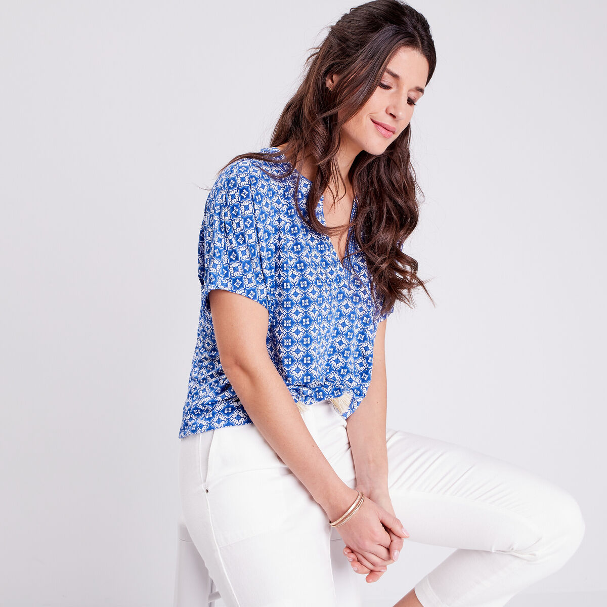 T-shirt &agrave; manches courtes bleu fonc&eacute; femme