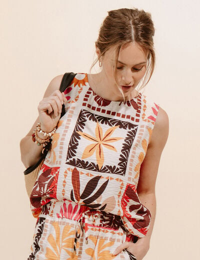 Blouse droite courte sans manches multicolore femme