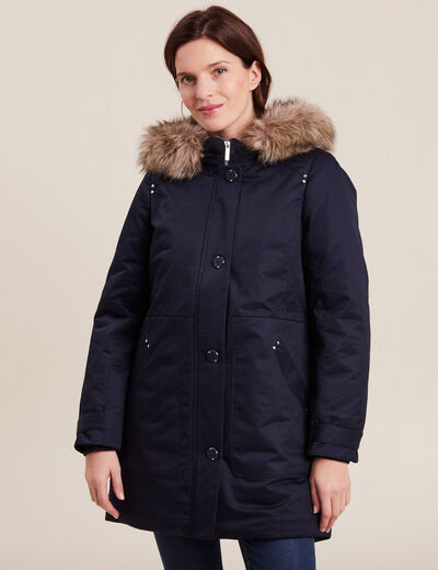 Parka cintrée capuche fourrure bleu foncé femme