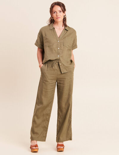 Pantalon large taille haute aspect lin vert kaki femme