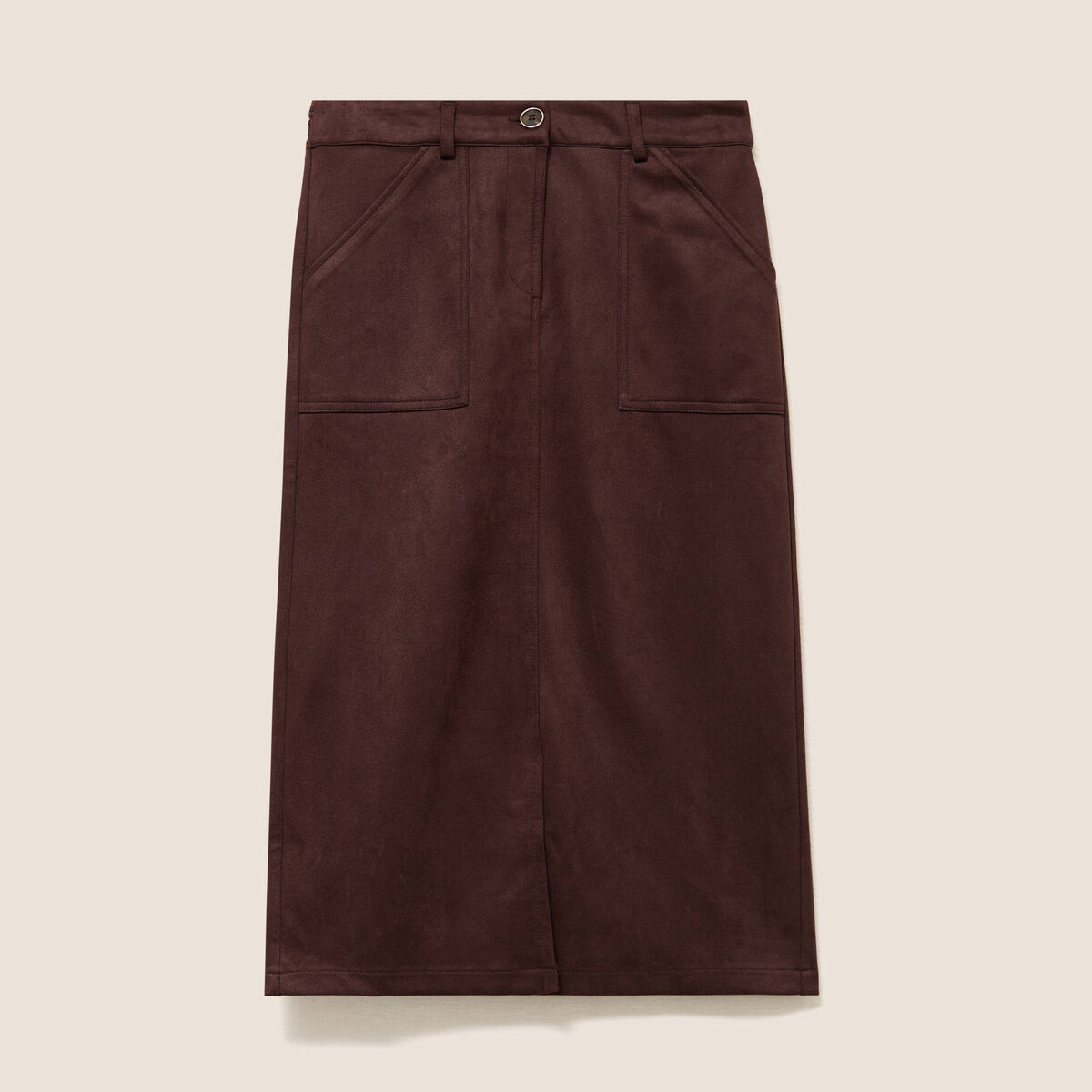 Jupe longue droite su&eacute;dine marron fonc&eacute; femme