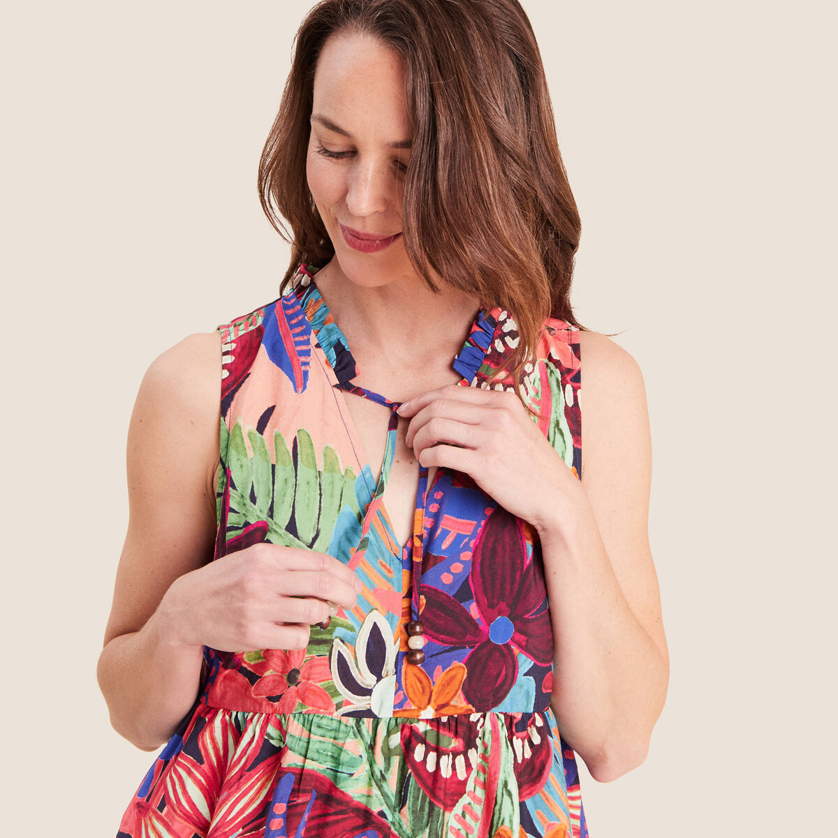 Robe longue &eacute;vas&eacute;e sans manches multicolore femme
