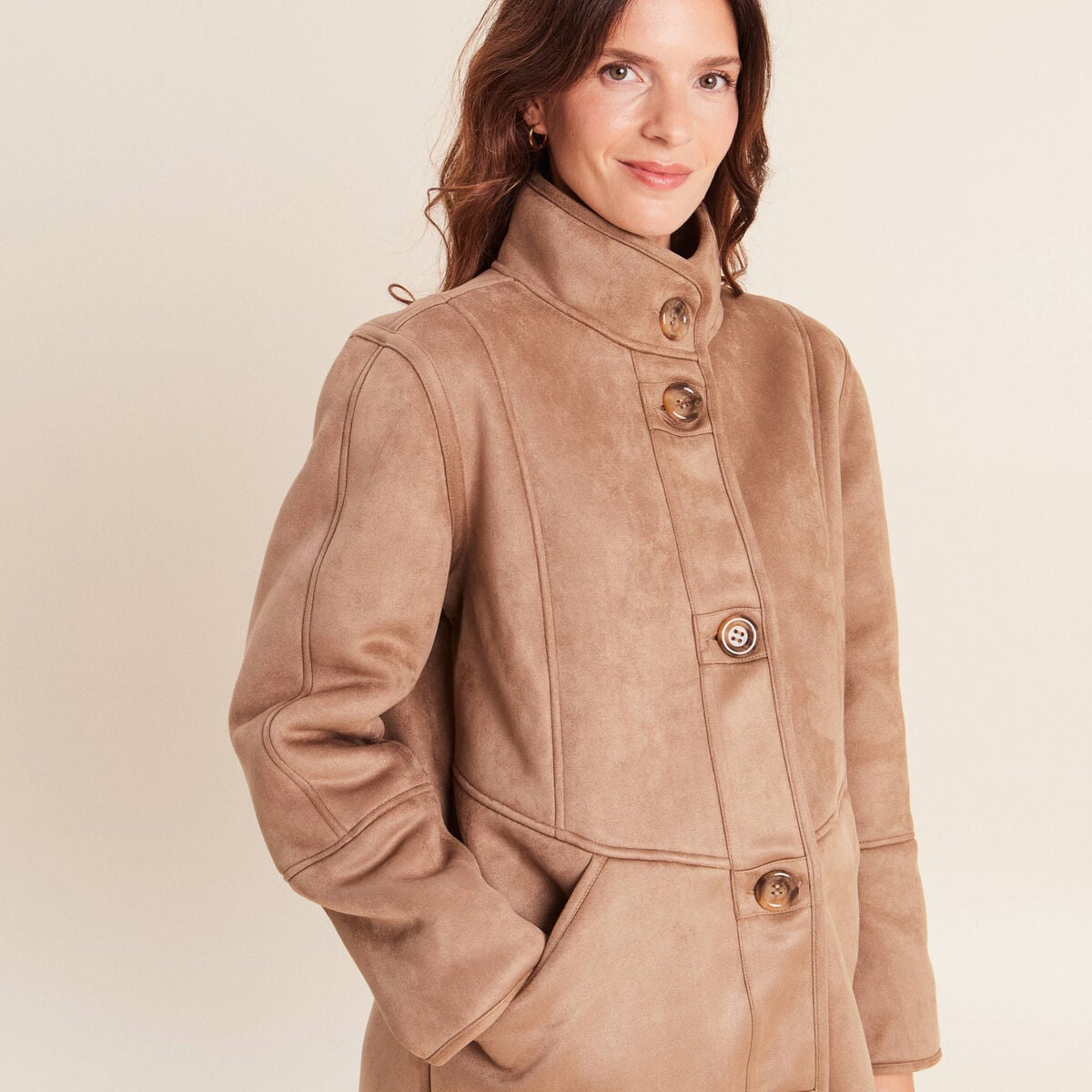Manteau col montant sable femme