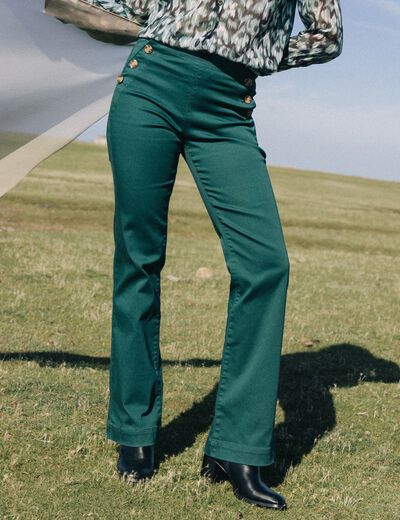 Pantalon coupe bootcut taille haute vert fonc&eacute; femme