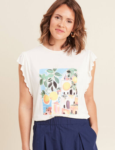 Top col rond manches courtes ecru femme