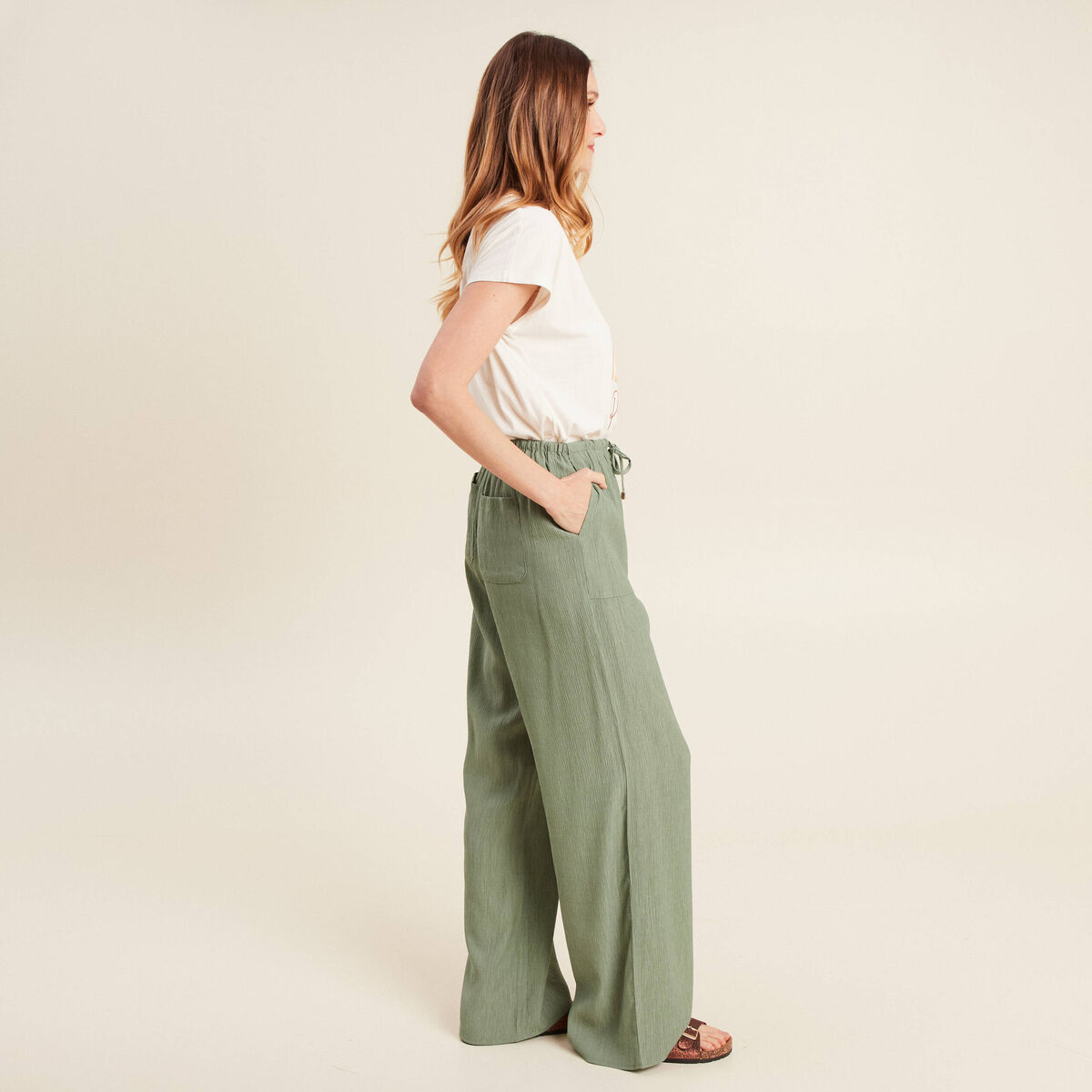 Pantalon large fluide vert kaki femme