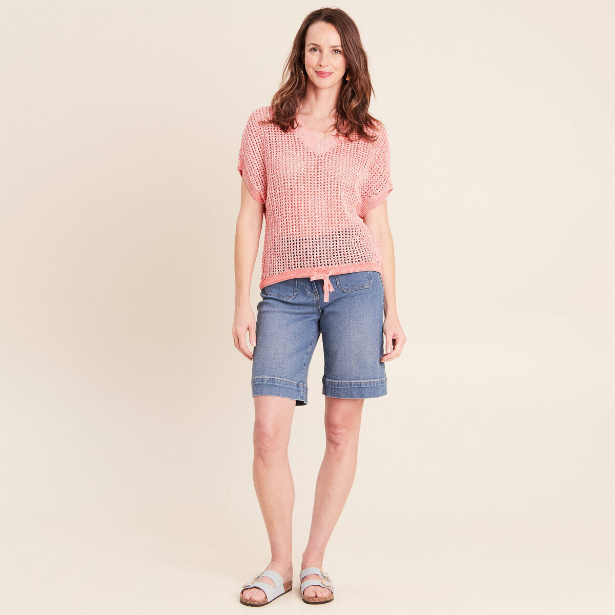 Pull col v manches courtes rouge femme