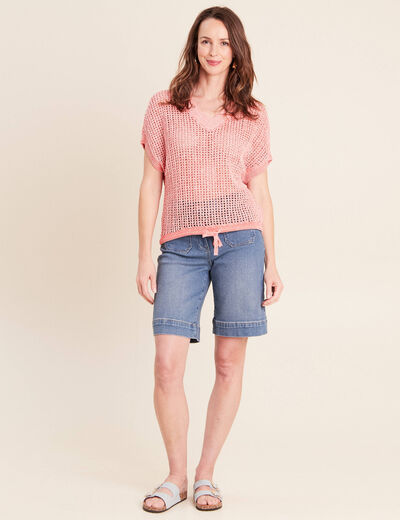 Pull col v manches courtes rouge femme