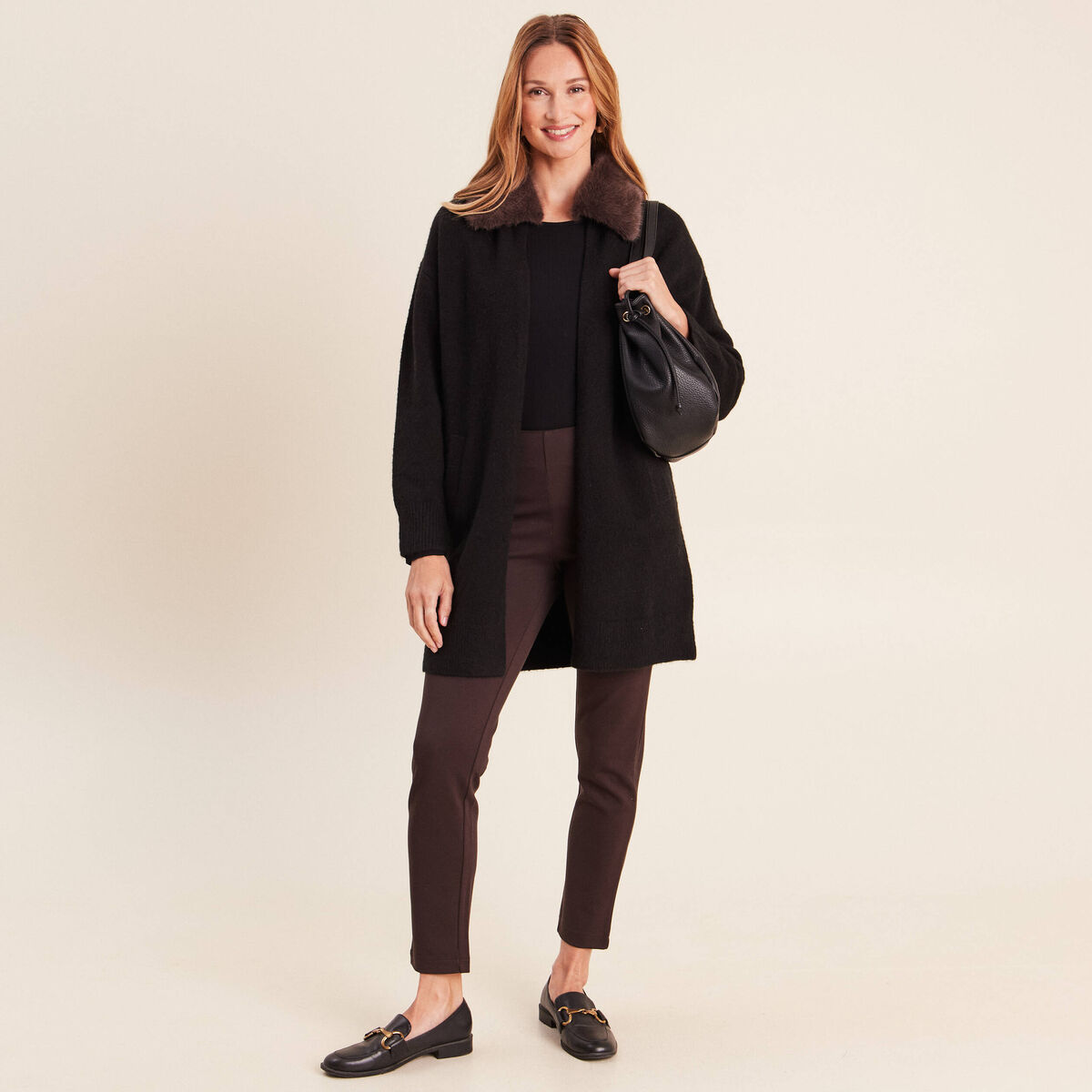 Legging 7/8&egrave;me taille bascul&eacute;e en maille marron fonc&eacute; femme