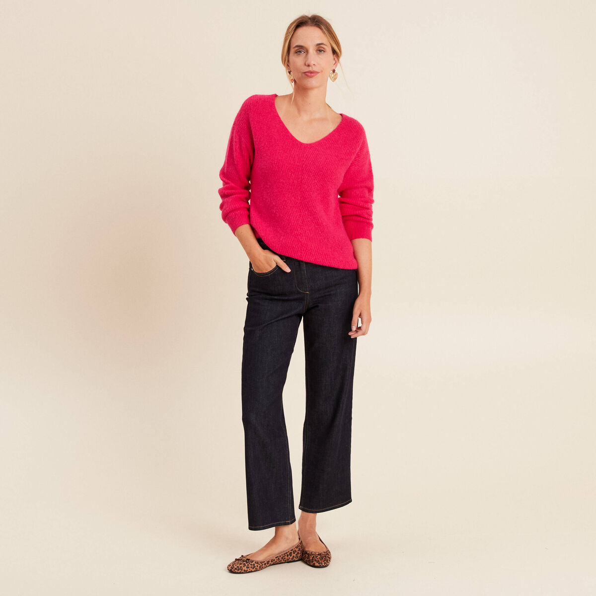 Pull col v rose femme
