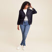 Gilet droit mi-long à capuche bleu marine femme