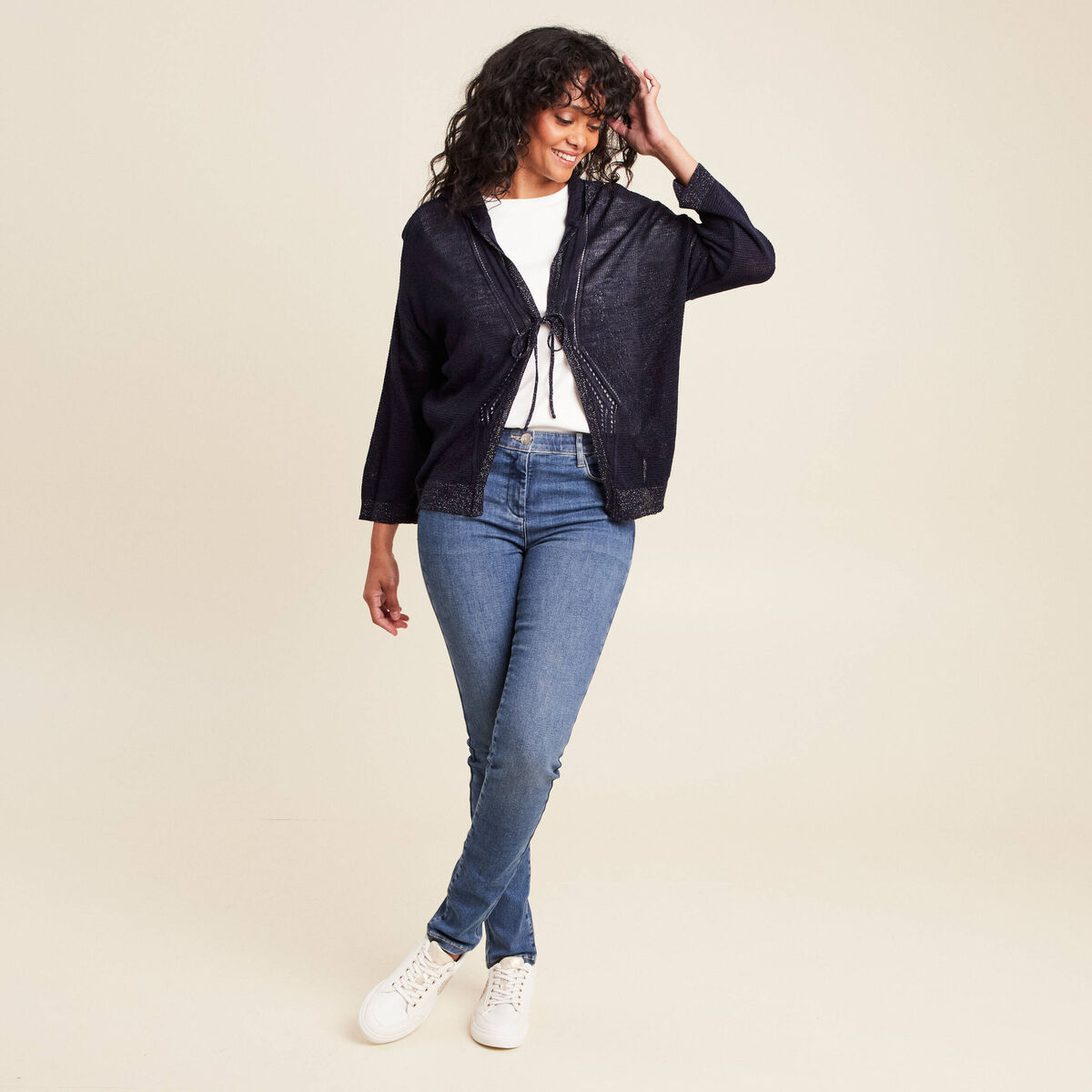 Gilet droit mi-long à capuche bleu marine femme