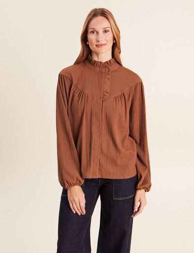 Blouse droite pliss&eacute;e col montant marron fonc&eacute; femme