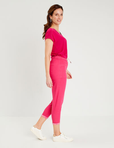 Pantalon coupe droite à coulisse rose framboise femme