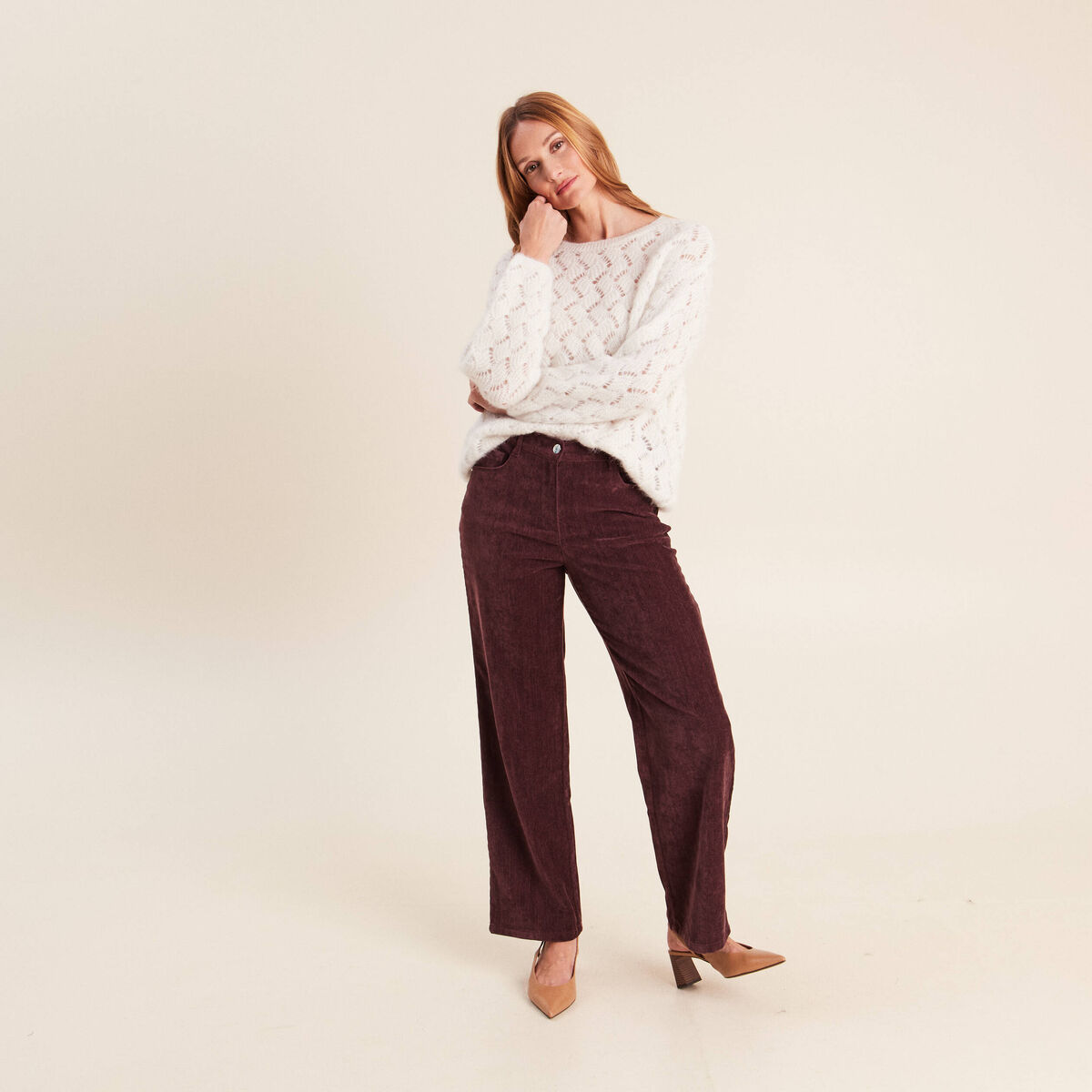 Pull manches longues ajour&eacute; ecru femme