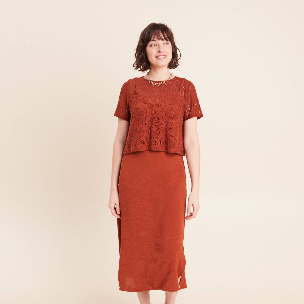 Robe 2 en 1 col rond marron fonc&eacute; femme