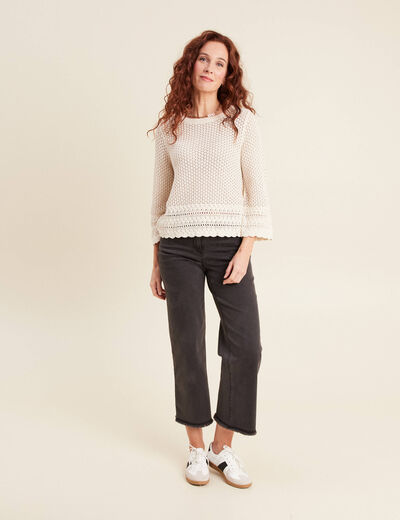Pull manches 3/4 ajouré ecru femme