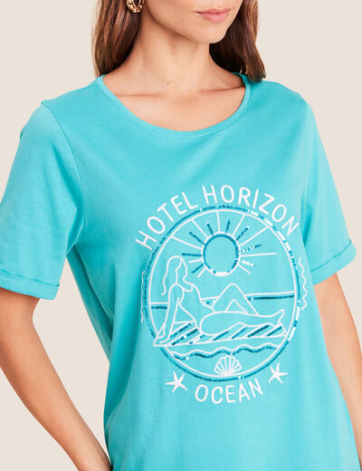 T-shirt col rond manches courtes brod&eacute; vert turquoise femme