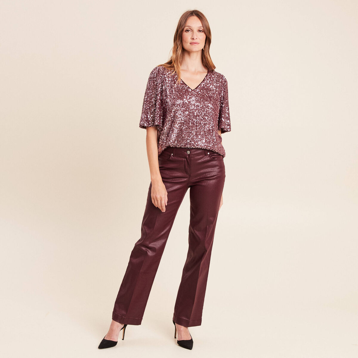 Pantalon enduit coupe large bordeaux femme