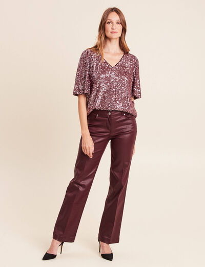 Pantalon enduit coupe large bordeaux femme