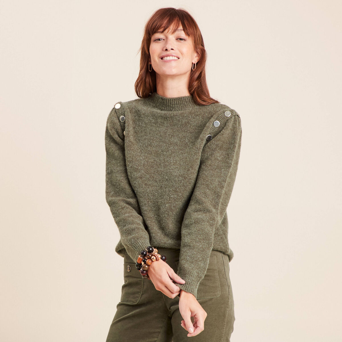 Pull col rond manches longues vert kaki femme