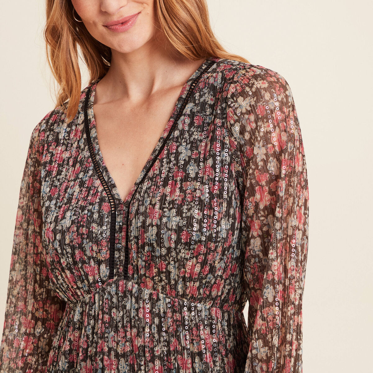 Robe fleurie à sequins évasée rose framboise femme