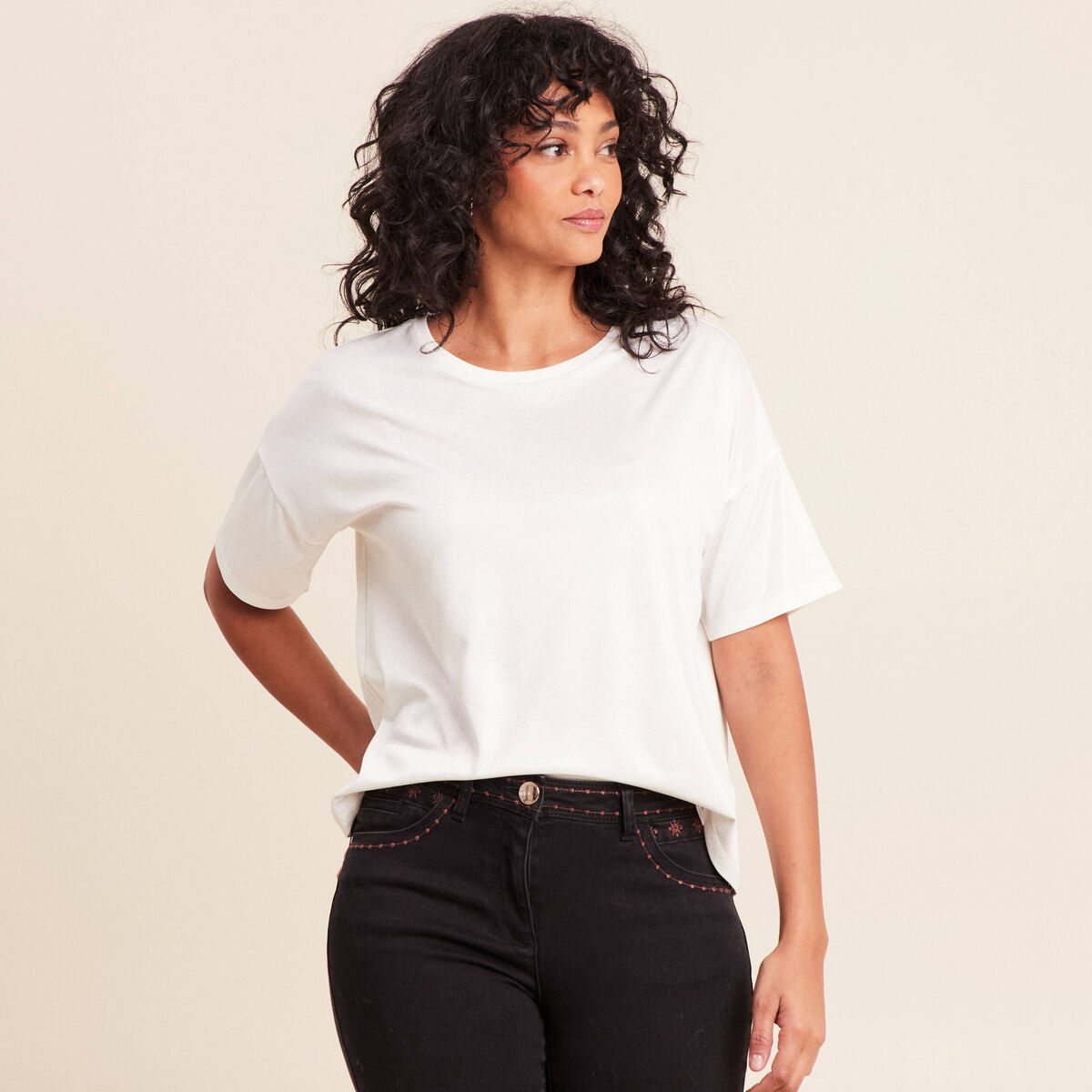 T-shirt manches coudes brillant ecru femme