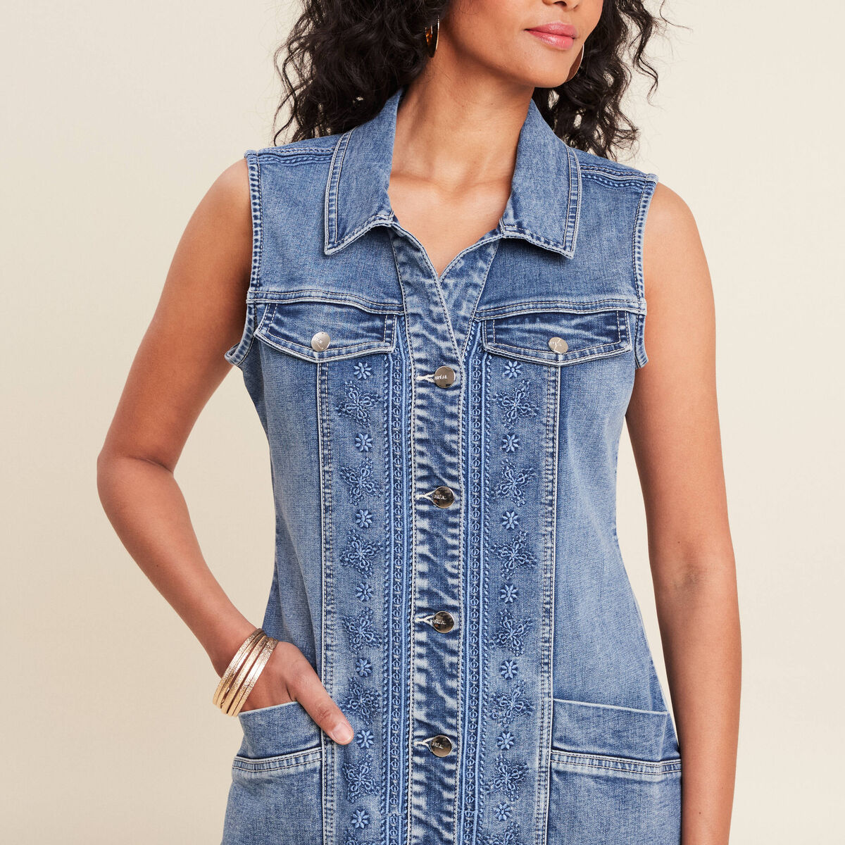 Robe droite brod&eacute;e en jean denim double stone femme