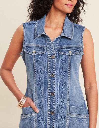 Robe droite brodée en jean denim double stone femme