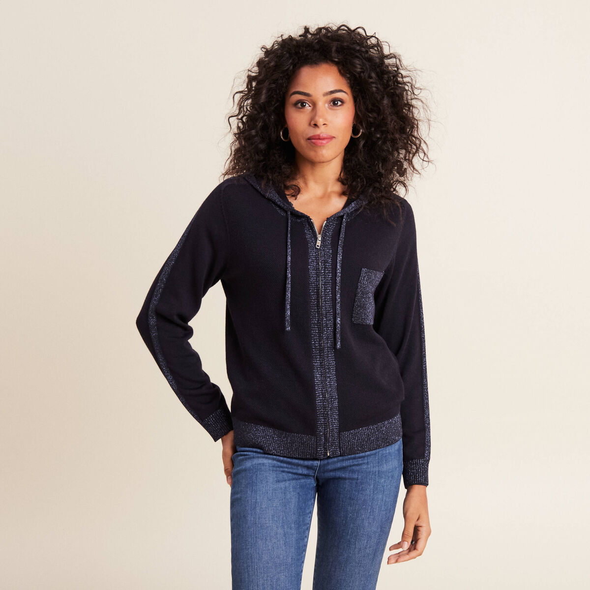 Gilet &agrave; capuche zipp&eacute; bleu fonc&eacute; femme