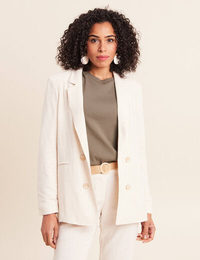 Blazer droit long manches 3/4 doubl&eacute; beige femme