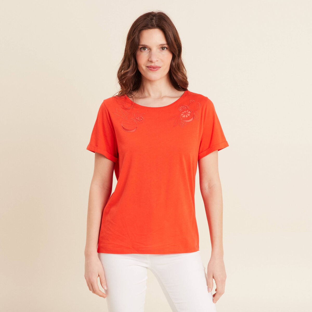 T-shirt manches courtes brod&eacute; orange fonc&eacute; femme