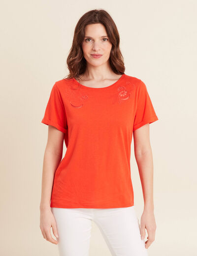 T-shirt manches courtes brodé orange foncé femme