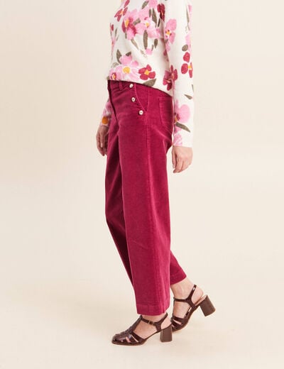 Pantalon large velours c&ocirc;tel&eacute; rouge fonc&eacute; femme