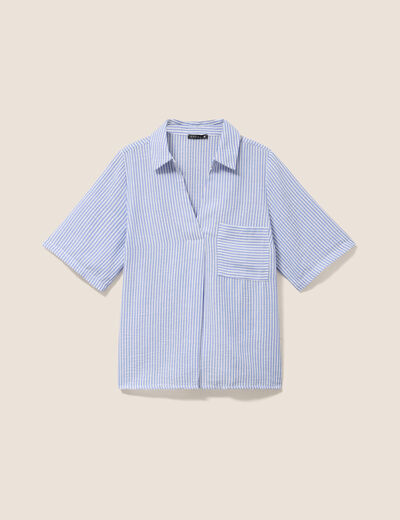 Blouse ample col chemise manches courtes bleu femme