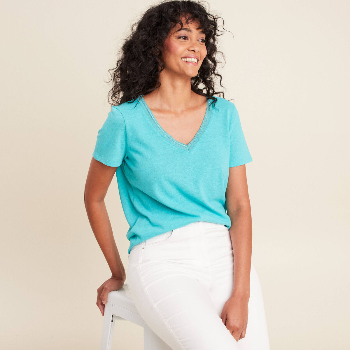 T-shirt manches courtes col en V bleu turquoise femme