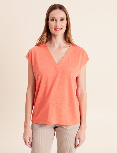 T-shirt col v manches courtes orange fluo femme