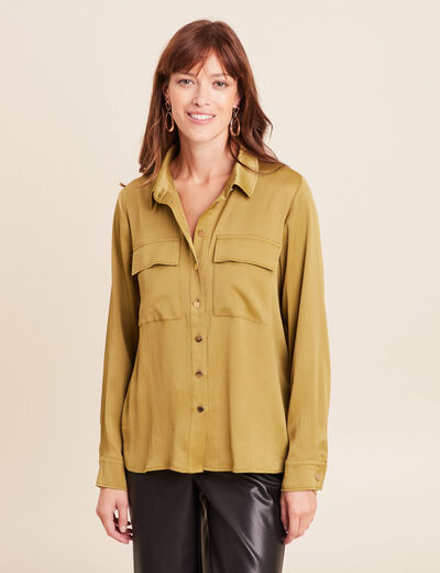 Chemise droite mi-longue fluide vert olive femme