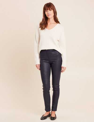Pantalon iris&eacute; en similicuir bleu fonc&eacute; femme