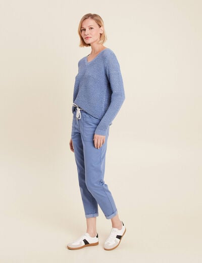 Pull manches longues col en V bleu ciel femme
