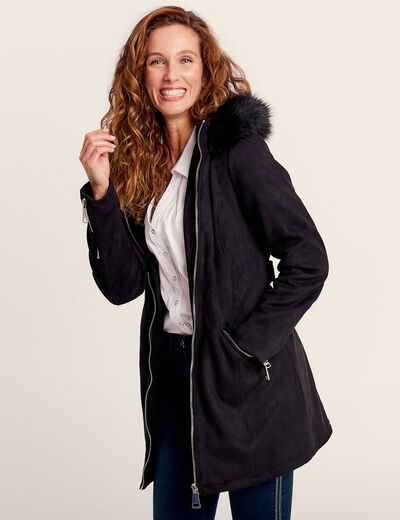 Manteau cintré suédine capuche noir femme