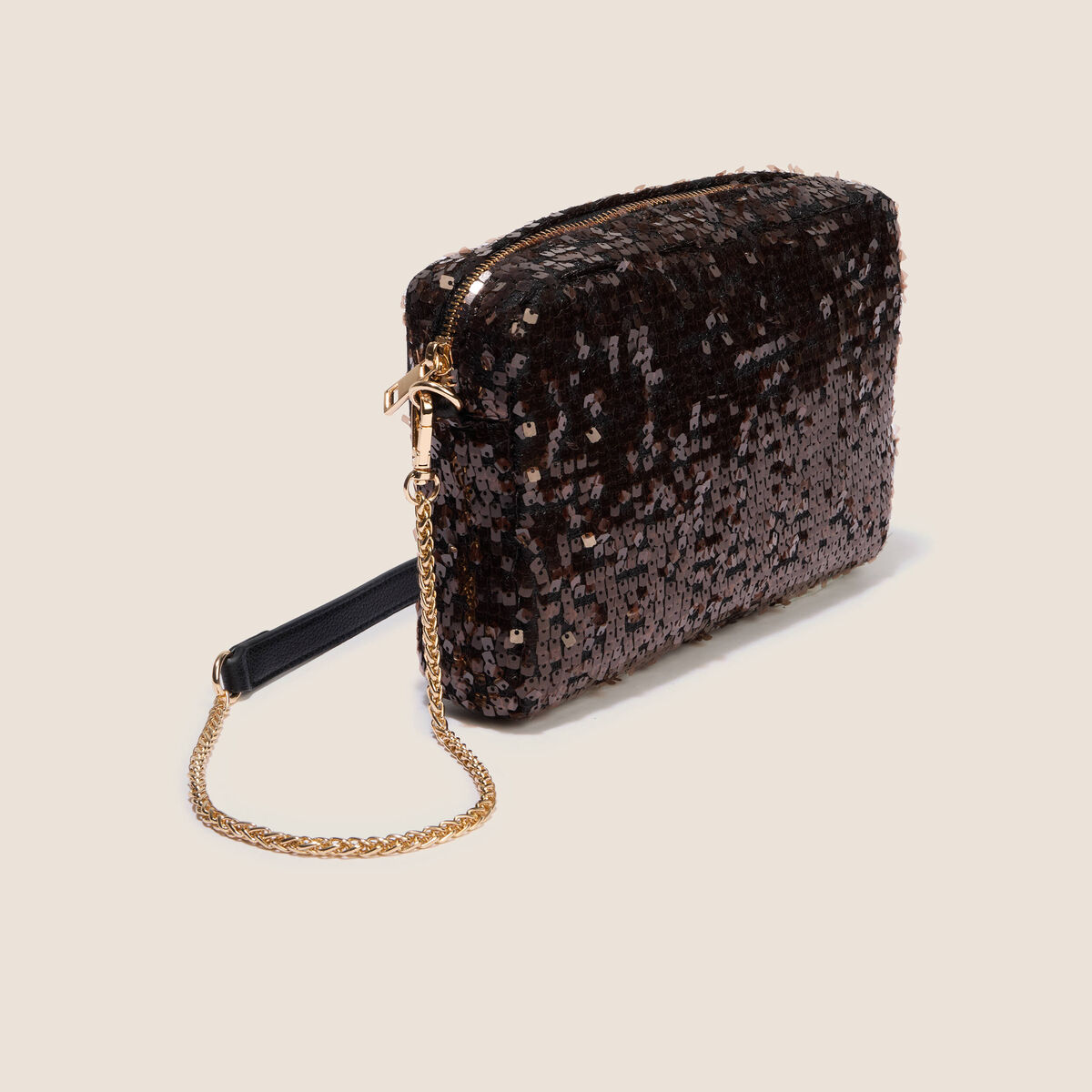 Sac en bandouli&egrave;re &agrave; sequins marron cognac femme