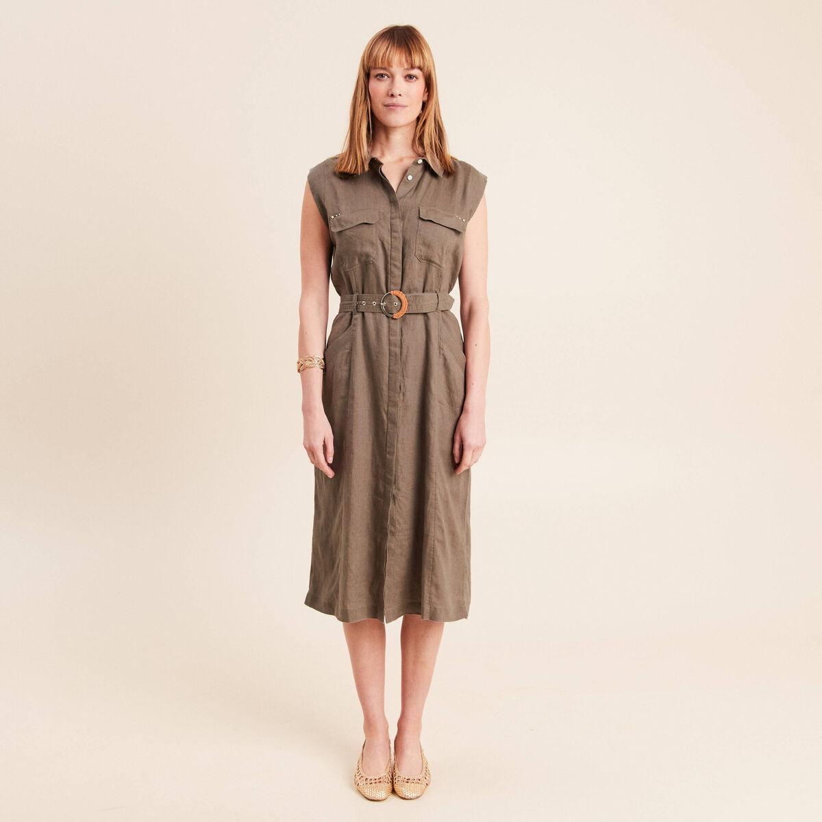 Robe &eacute;vas&eacute;e manches tr&egrave;s courtes vert kaki femme