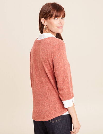 T-shirt col chemise manches 3/4 vieux rose femme